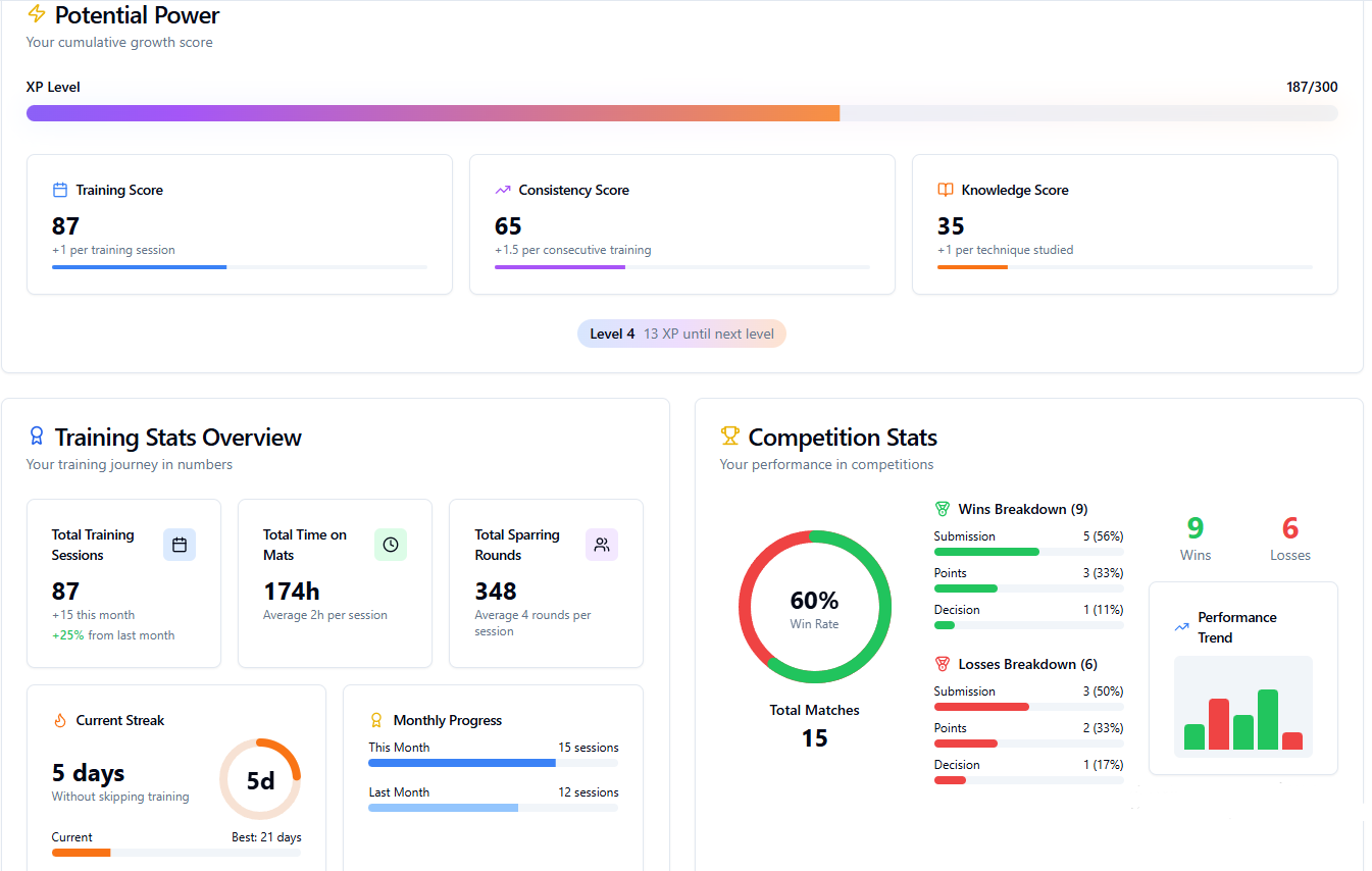 BJJ training journal interface
